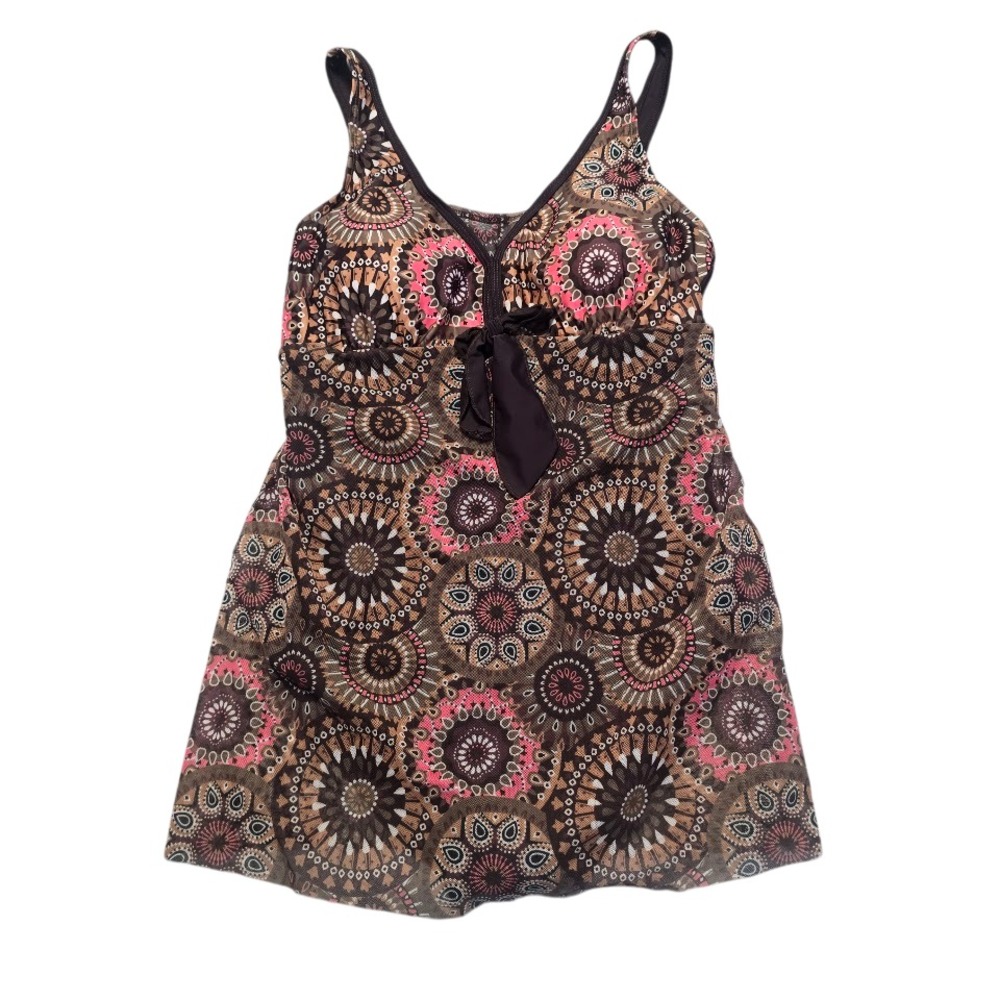 Paisley Swimdress One Piece Women Size‎ M Brown Pink Mandala Boho Retro Core